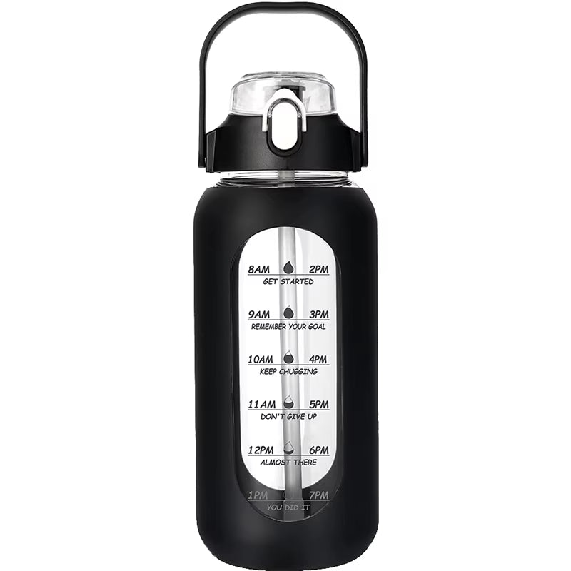 1000ML Glass Water Bottles with Straw, Glass Bottle with Silicone Sleeve and Time Marker, for Gym Home Office