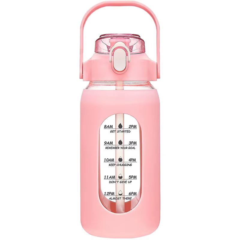 1000ML Glass Water Bottles with Straw, Glass Bottle with Silicone Sleeve and Time Marker, for Gym Home Office
