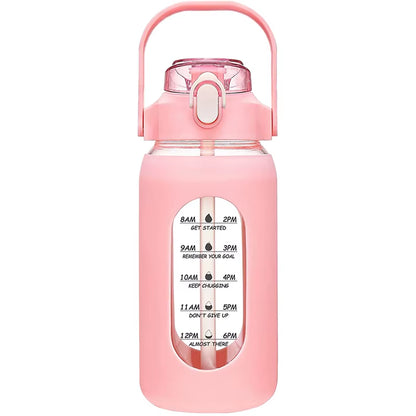 1000ML Glass Water Bottles with Straw, Glass Bottle with Silicone Sleeve and Time Marker, for Gym Home Office