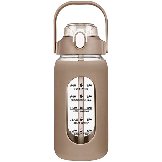 1000ML Glass Water Bottles with Straw, Glass Bottle with Silicone Sleeve and Time Marker, for Gym Home Office